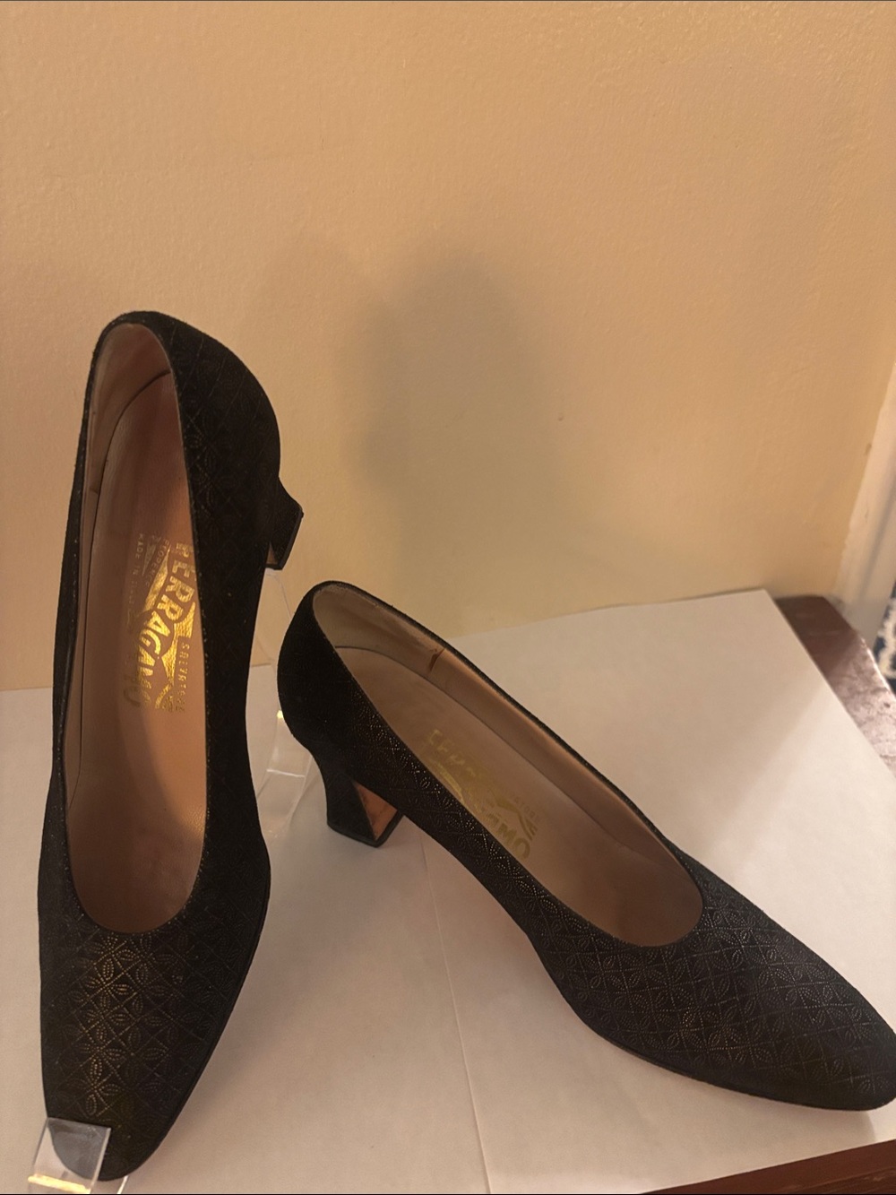 Salvatore Ferragamo Black Patterned Low Heel Pumps